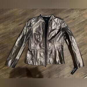 NWT Lafayette 148 New York Bronze Metallic Open Front Leather Jacket Sz 10